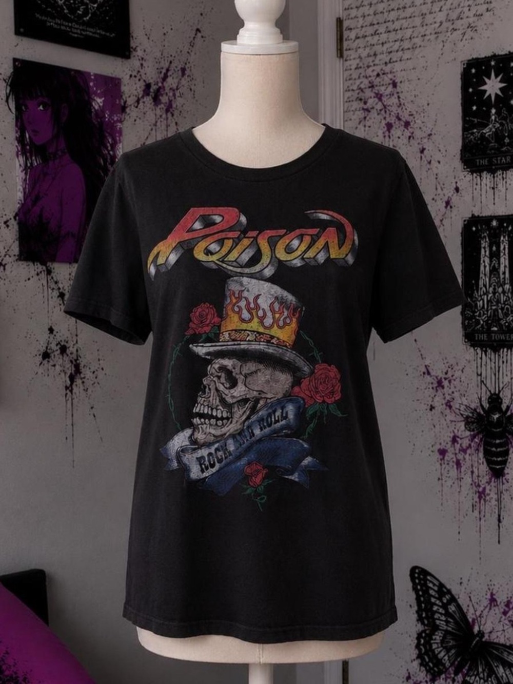 Poison Graphic Band Tee - Black with Multicolor Skull Design